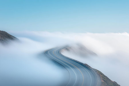 Foggy coastal road leading to bixby creek bridge a stunning view of big sur s scenic landscape
