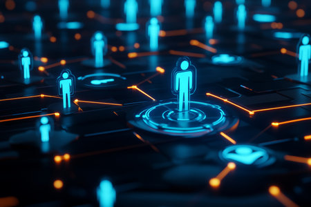 3d visualization of a glowing blue network with people icons on dark background, social media themeの写真素材