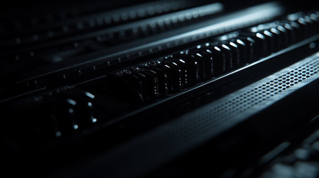 Cinematic close up of a black server rack showcasing hard drive bays in moody lightingの写真素材