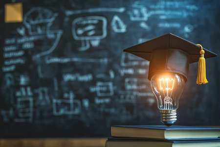 Innovative education concept featuring light bulb, graduation cap, and virtual learning backgroundの写真素材