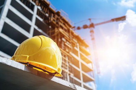 Safety first a yellow hard hat at a construction site under a bright blue sky with sunlightの写真素材