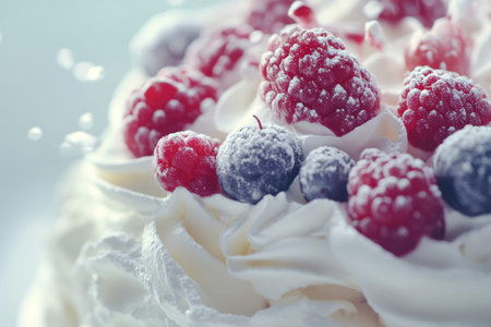 Macro photography of a delicious pavlova cake topped with whipped cream and fresh berries