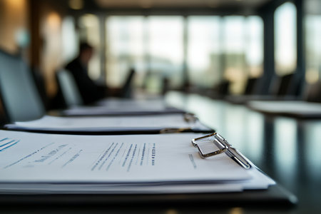 Close up of office documents and notepads with blurred meeting background in a business settingの写真素材