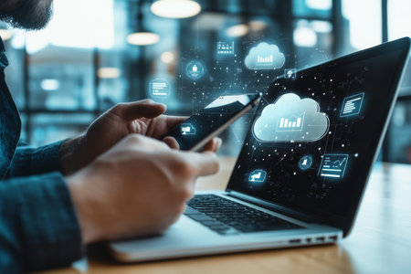 Businessman using smartphone and laptop with cloud storage icons in digital network connection