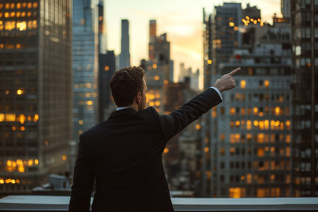 Businessman gesturing towards urban skyline from rooftop in a stunning photorealistic imageの写真素材