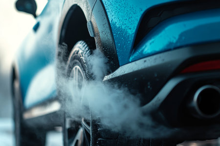 Close up of blue suv exhaust pipe emitting white smoke real life photography shotの写真素材
