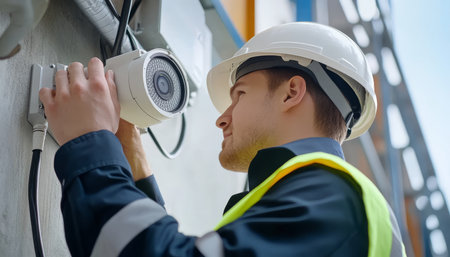 Stylish construction worker installing cctv camera at industrial site with clear focusの写真素材