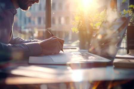 Businessman signing contract in office with sunlight ideal for background useの写真素材