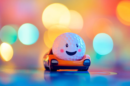 Cheerful golf ball character driving toy car against a vibrant background with soft lighting