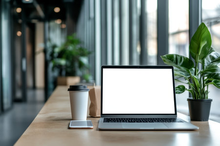 Laptop with blank screen on table, coffee cup, and mobile phone in modern office lobbyの写真素材