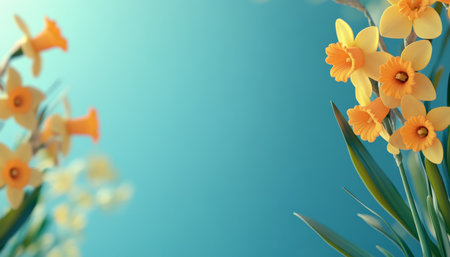Vibrant floral arrangement of bright yellow daffodils against a turquoise blue backgroundの写真素材
