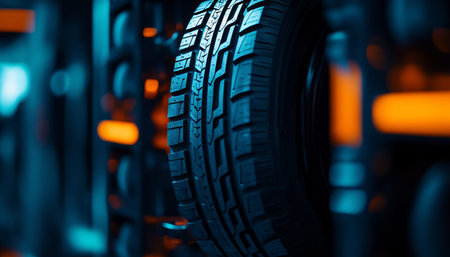 Close up of a new black tire with thread pattern in a workshop setting and abstract background
