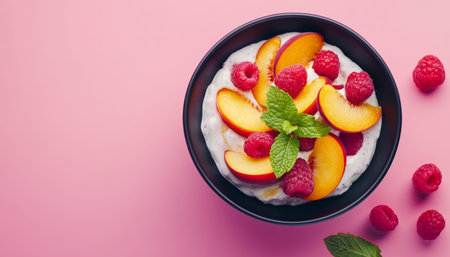 Delicious fruit salad with peaches, raspberries, and mint on a pink background with yogurtの写真素材