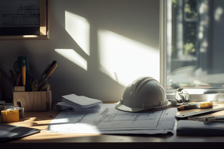 Close up of construction blueprints and hard hat on architect's desk with tools and soft shadows