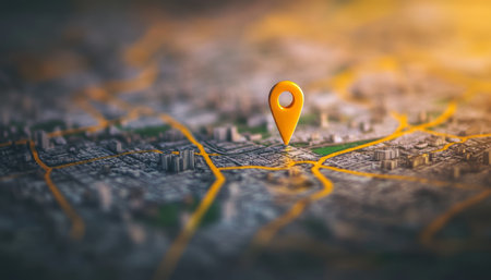 Minimalistic abstract city map featuring yellow location pin on streets close up photography shotの写真素材