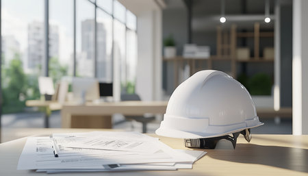 3d visualization of construction helmet and blueprints in a contemporary office settingの写真素材