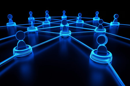 3d visualization of network connections featuring user icons on dark blue for social media concept