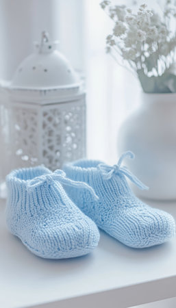 Close up of baby booties on table with pastel blue accents for baby boy photography inspirationの写真素材