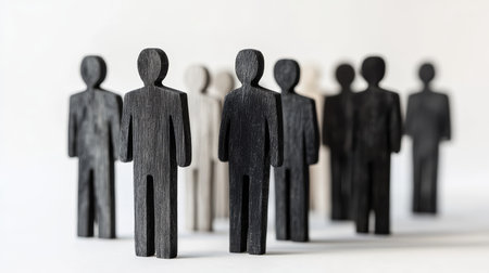 Wooden human figures in dynamic poses illustrating teamwork and human resources concept photographyの写真素材