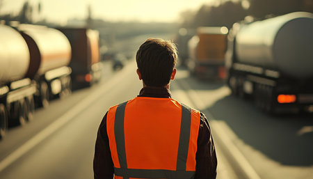 Truck driver observing tankers on the road with telephoto lens in bright daylight settingの写真素材