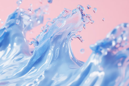 Stunning 3d visualization of blue water splash on pink background with bubbles and splashes