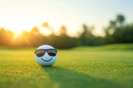 Playful golf ball with sunglasses and smiley face on lush grass during sunny golden hour funの写真素材