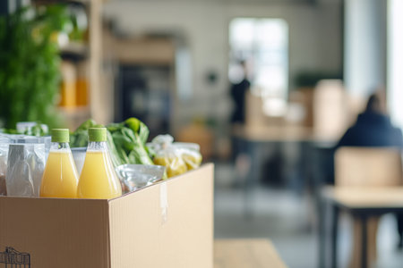 Groceries in a cardboard box amid a modern living room with blurred office background and people