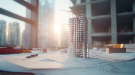 Close up of construction site featuring blueprints and a model of an office tower in focusの写真素材