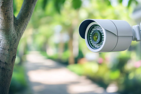 White cctv camera for home or business security with garden landscape in morning light