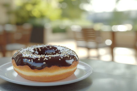 Appetizing chocolate glazed donut on an outdoor table with a softly blurred backgroundの写真素材