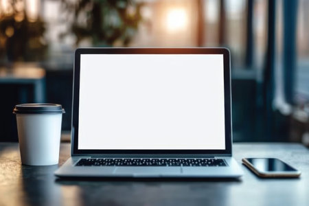 Mockup image of laptop with blank white screen on table in cafe