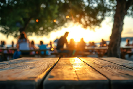 Stunning close up of a wooden table against a blurred beach sunset scene with relaxing peopleの写真素材
