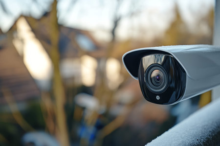 Professional outdoor cctv camera installation with blurred house background in daylight close up