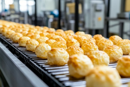 Freshly baked cheese puffs on conveyor belt in industrial food production plant ready for packagingの写真素材