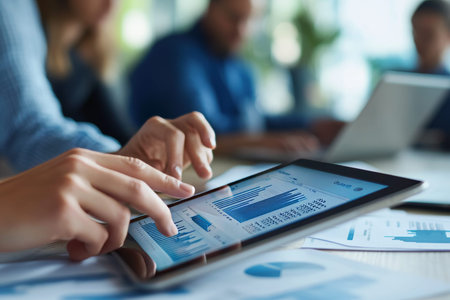 Close up of hands using tablet for financial analysis during a business meeting in an office setting