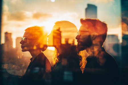 Silhouettes of business professionals merging with urban landscape in a sunlit double exposure shotの写真素材