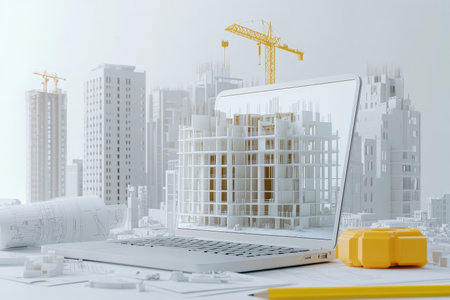 Laptop displaying construction plans with blueprints and pencil amidst building site backgroundの写真素材
