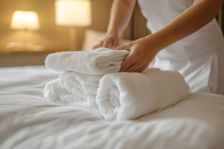 Housekeeper arranging fresh towels in a modern luxury bedroom with soft lighting and elegant touch