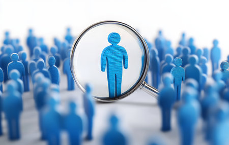 Detailed 3d illustration of a magnifying glass highlighting a blue human figure in a crowd on whiteの写真素材