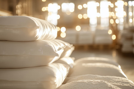 Pallets of white flour bags in a warehouse with warm lighting for commercial food photographyの写真素材