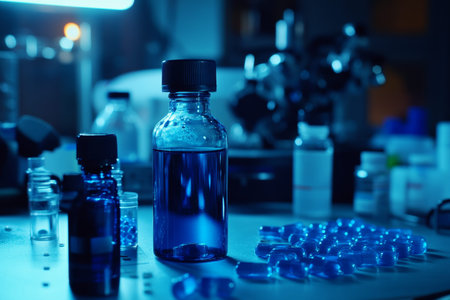 Close up of blue pills and medication bottles in a lab, symbolizing healthcare and treatment.