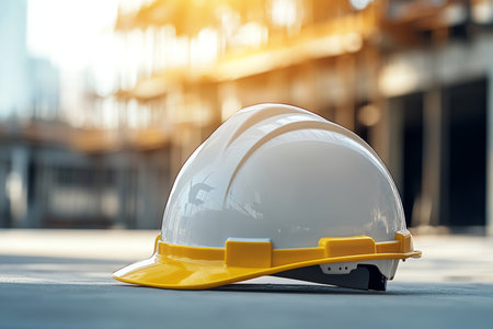 Close up of white and yellow safety helmet on concrete at sunlit construction site for industry useの写真素材