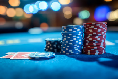 Vibrant blue table adorned with cards and chips set against a blurred, lively casino backdropの写真素材