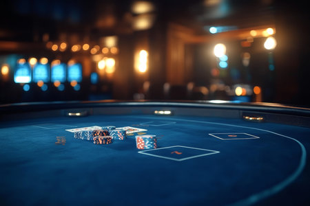 Casino scene blue table with cards and chips surrounded by a blurred atmosphereの写真素材