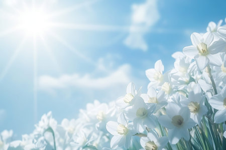 Spring floral border design featuring daffodils with blue sky and sun rays for an easter cardの写真素材