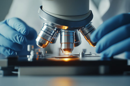Detailed close up of gloved hands using a high tech microscope in a scientific laboratory setting