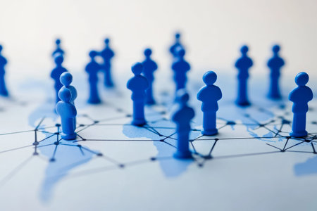 Interconnected global network concept with world map and nodes on blue background for digital designの写真素材