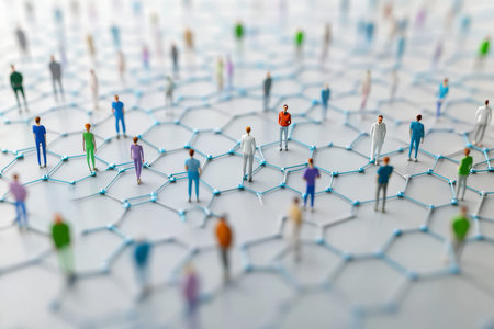 Vibrant human figures on a hexagonal grid symbolizing global social connections and collaboration