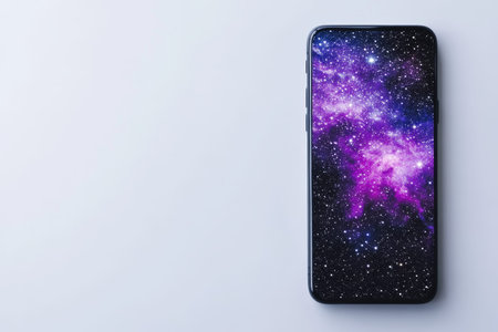 Minimalist product shot of a phone with purple and black gradient against a white backdropの写真素材