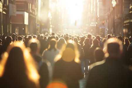 Vibrant crowd strolling down a sunny street with bokeh effect captured in stunning detailの写真素材